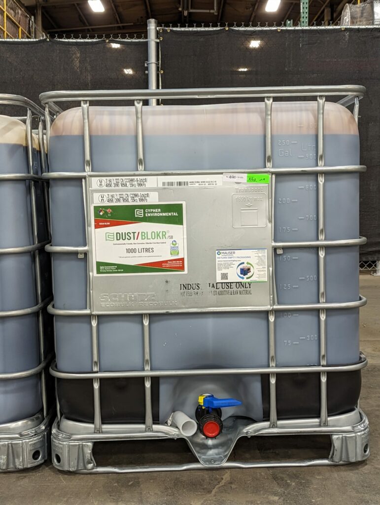 1000 L Tote filled with DUST/BLOKR dust control concentrated solution