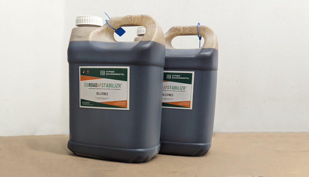 Pictured here is our 10 L jugs of ROAD//STABILIZR product. Just 1 of these jugs can effectively treat 330m3 of road material.